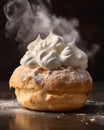 a freshly baked cream puff, showcasing the contrast between the warm pastry and the cool, creamy filling. Generative AI