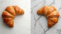 A freshly baked croissant, both flaky and crunchy, sits alongside a split croissant on a white marble surface, captured Royalty Free Stock Photo