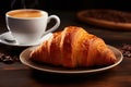 freshly-baked croissant placed on a white plate next to a hot cup of coffee. The crispy and flaky texture of the croissa