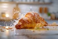 Freshly Baked Croissant with Sprinkled Sugar on Wooden Table in Morning Light, Delicious French Pastry Breakfast, Close Up