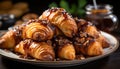 Freshly baked croissant on wooden plate, a sweet and crunchy snack generated by AI
