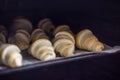 Freshly baked croissants with chocolate on a baking tray in the oven Royalty Free Stock Photo