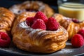 Freshly baked croissants with mix berry and cherry , Delicious breakfast raspberry croissant.