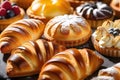 Freshly baked croissants and other pastries on a dark slate board