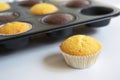 Freshly baked cupcake cakes in two varieties in a muffin tin, one standing outside, selected focus, narrow depth of field