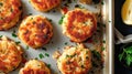 Freshly baked delicious crab cakes on a baking sheet sprinkled with herbs. Traditional food of American cuisine