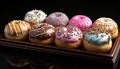 Freshly baked donuts, a sweet temptation on a pink plate generated by AI