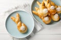 Freshly baked easter bunny made from yeast dough closeup on the plate. Horizontal top view Royalty Free Stock Photo