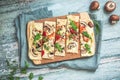 Freshly baked flammkuchen, traditional french tarte flambee or german pizza in a vegetarian recipe with mushrooms, cream cheese, Royalty Free Stock Photo