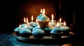 Freshly baked fluffy cupcake with a lit candle on top, decorated with creamy icing. Generative AI Royalty Free Stock Photo