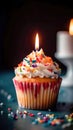 Freshly baked fluffy cupcake with a lit candle on top, decorated with creamy icing. Generative AI Royalty Free Stock Photo