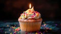 Freshly baked fluffy cupcake with a lit candle on top, decorated with creamy icing. Generative AI Royalty Free Stock Photo
