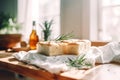 Freshly baked focaccia bread on a white kitchen towel on a wooden table. Generative AI