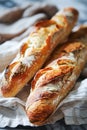 Freshly Baked French Baguettes on a Rustic Kitchen Counter in Natural Light
