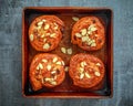 Freshly baked French raisin buns. Pains aux raisins on a vintage baking tray