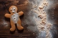 Freshly baked gingerbread man sitting on the kitchen table. Conceptual Christmas illustration. Generative AI