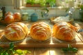 Freshly Baked Golden Bread Loaves on Wooden Cutting Board in Sunlit Rustic Kitchen Setting