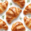 Freshly baked, golden croissants sprinkled with sesame seeds, seamless pattern. AI generated