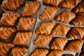 Freshly baked golden French croissants on baking sheet. Fresh classic pastries. Top view Royalty Free Stock Photo