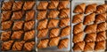 Freshly baked golden French croissants on baking sheet. Fresh classic pastries. Top view Royalty Free Stock Photo