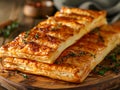 Freshly Baked Golden Puff Pastry Sprinkled with Herbs on Wooden Plate, Delicious Homemade Pastry Close Up, Gourmet Food Concept