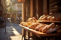 Freshly baked gourmet breads for sale in French bakery. Baguettes on early sunny morning in small town in France Royalty Free Stock Photo