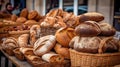 Freshly baked gourmet breads for sale in French bakery. Freshly baked bread, rolls, cookies Royalty Free Stock Photo