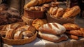 Freshly baked gourmet breads for sale in French bakery. Freshly baked bread, rolls, cookies Royalty Free Stock Photo