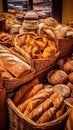 Freshly baked gourmet breads for sale in French bakery. Freshly baked bread, rolls, cookies Royalty Free Stock Photo