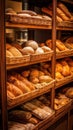 Freshly baked gourmet breads for sale in French bakery. Freshly baked bread, rolls, cookies Royalty Free Stock Photo