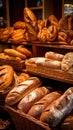 Freshly baked gourmet breads for sale in French bakery. Freshly baked bread, rolls, cookies Royalty Free Stock Photo