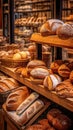 Freshly baked gourmet breads for sale in French bakery. Freshly baked bread, rolls, cookies Royalty Free Stock Photo