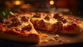 Freshly baked gourmet pizza on rustic wooden table, close up slice generated by AI Royalty Free Stock Photo