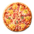 Freshly baked Hawaiian pizza with a cut slice isolated