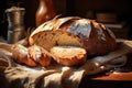 Freshly baked homemade bread on the wooden table. AI Generated