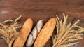 Freshly baked homemade bread, french sourdough baguette with crispy crust and ears of rye and wheat on wooden background with Royalty Free Stock Photo
