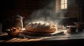 Freshly baked homemade bread on wooden table with flour. Bakery background Royalty Free Stock Photo