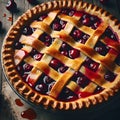 Freshly-baked homemade cherry pie with golden-brown lattice crust glossy from the egg wash