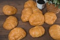 Freshly baked homemade croissants on wooden cutting board Royalty Free Stock Photo