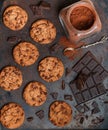 Freshly baked homemade crunchy cookies with chocolate chips, peanut butter or salted caramel. A delicious treat for gourmets.