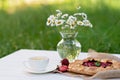 Freshly baked homemade galette or open strawberry pie, a cup of herbal tea and a vase with a bouquet of daisy flowers. Soft Royalty Free Stock Photo