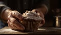 Freshly baked homemade muffin held by adult hand in kitchen generated by AI