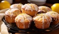 Freshly baked homemade muffin on rustic wooden table generated by AI