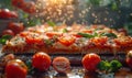 Freshly baked homemade pizza with tomatoes cheese and herbs on wooden table Royalty Free Stock Photo