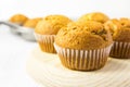 Freshly Baked Homemade Whole Wheat Bran Carrot Pumpkin Muffins on Wooden Board. Breakfast Morning Sunlight. Healthy Pastry Baking Royalty Free Stock Photo