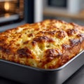 Freshly baked lasagna in a pan, golden and appetizing. Royalty Free Stock Photo
