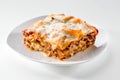 Lasagna piece on white plate close-up Royalty Free Stock Photo