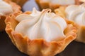 Freshly baked Lemon Tartlets with Italian meringue on black plate Royalty Free Stock Photo