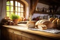 A freshly baked loaf of bread is displayed on a rustic wooden counter, ready to be enjoyed, Cozy country kitchen with fresh bread