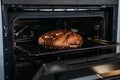 Freshly Baked Loaf of Bread in Modern Oven. Homemade baked artisanal loaf of bread sitting on the rack of a modern